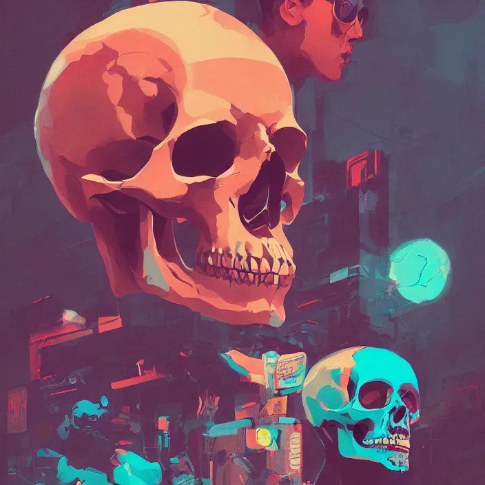 Image similar to a colorful comic noir illustration painting of a cyberpunk skull by sachin teng and sergey kolesov and ruan jia and pascal blanche. in style of chromatic risograph print, sci fi, hyper detailed. octane render. trending on artstation