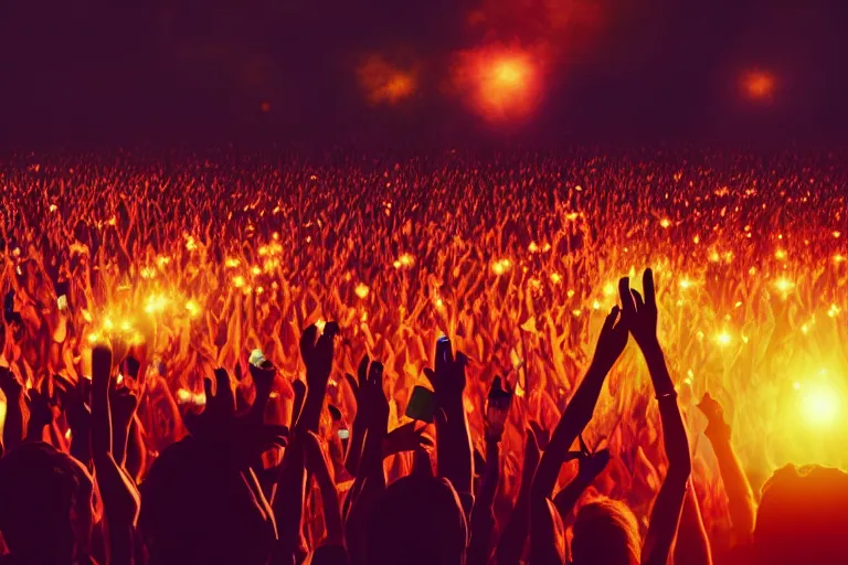 Prompt: crowd partying with their hands up at a festival, some lighters in the air, some cellphones in the air filming, silhouette, digital art, trending on artstation, 4k, unreal engine, intricate, ornate