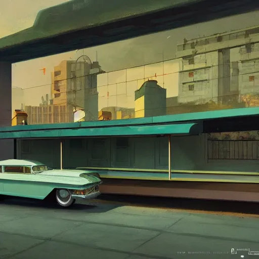 Image similar to a cinematic matte painting of a boxy 1 9 6 0 s retro - futurism sci - fi car with solar panels on roof and doors in a cluttered garage in mumbai. by edward hopper, glennray tutor and greg rutkowski. trending on artstation.