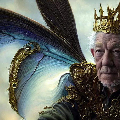 Image similar to closeup portrait shot of ian mckellen as king oberon, fairy wings, lord of beasts, highly detailed, digital painting, artstation, concept art, soft focus, depth of field, artgerm, tomasz alen kopera, peter mohrbacher, donato giancola, wlop, boris vallejo