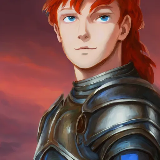 Image similar to portrait of a redheaded man with blue eyes and wearing a armor, medieval background, highly detailed, digital painting, artstation, matte, by makoto shinkai, animation style, studio ghibli, anime key visual