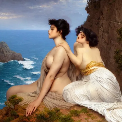 Prompt: a stunning matte landscape painting of a voluptuous and unbelievably beautiful sappho and her friend sitting on a cliff facing away from the camera in the rain watching the sunrise over the ocean, turbulent ocean in the background, intricate, elegant, highly detailed, artstation, ultra sharp focus, octane render, volumetric lighting, art by greg rutkowski and alphonse mucha