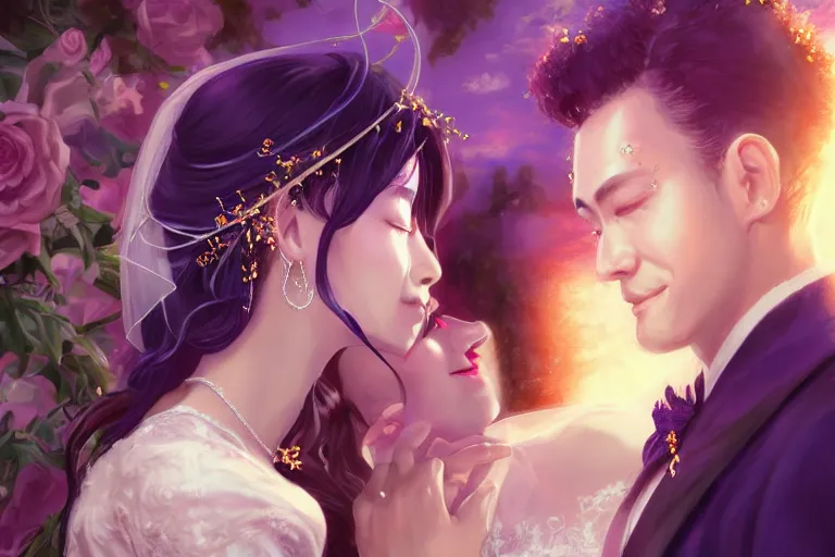 Image similar to a cinematic portrait of wedding photograph jpeg close up moment of a divine a japan sun god and moon goddess lovers magician at a wedding banquet. portraiture. digital painting. artstation. concept art. wedding photo. digital painting. violet evergarden art masterpiece by art by krenz cushart