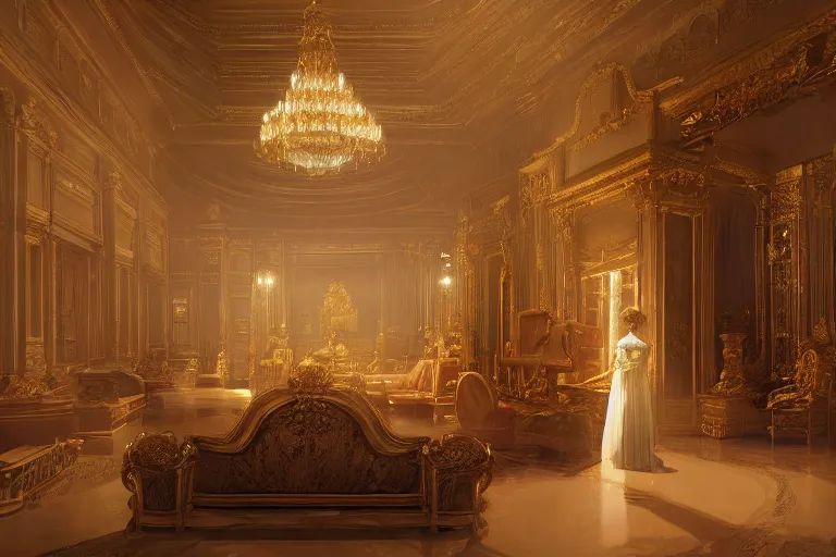 Image similar to a victorian age throne room with emily blunt on the throne, key visual, conceptart, ambient lighting, highly detailed, digital painting, artstation, concept art, sharp focus, by makoto shinkai and akihiko yoshida and greg manchess