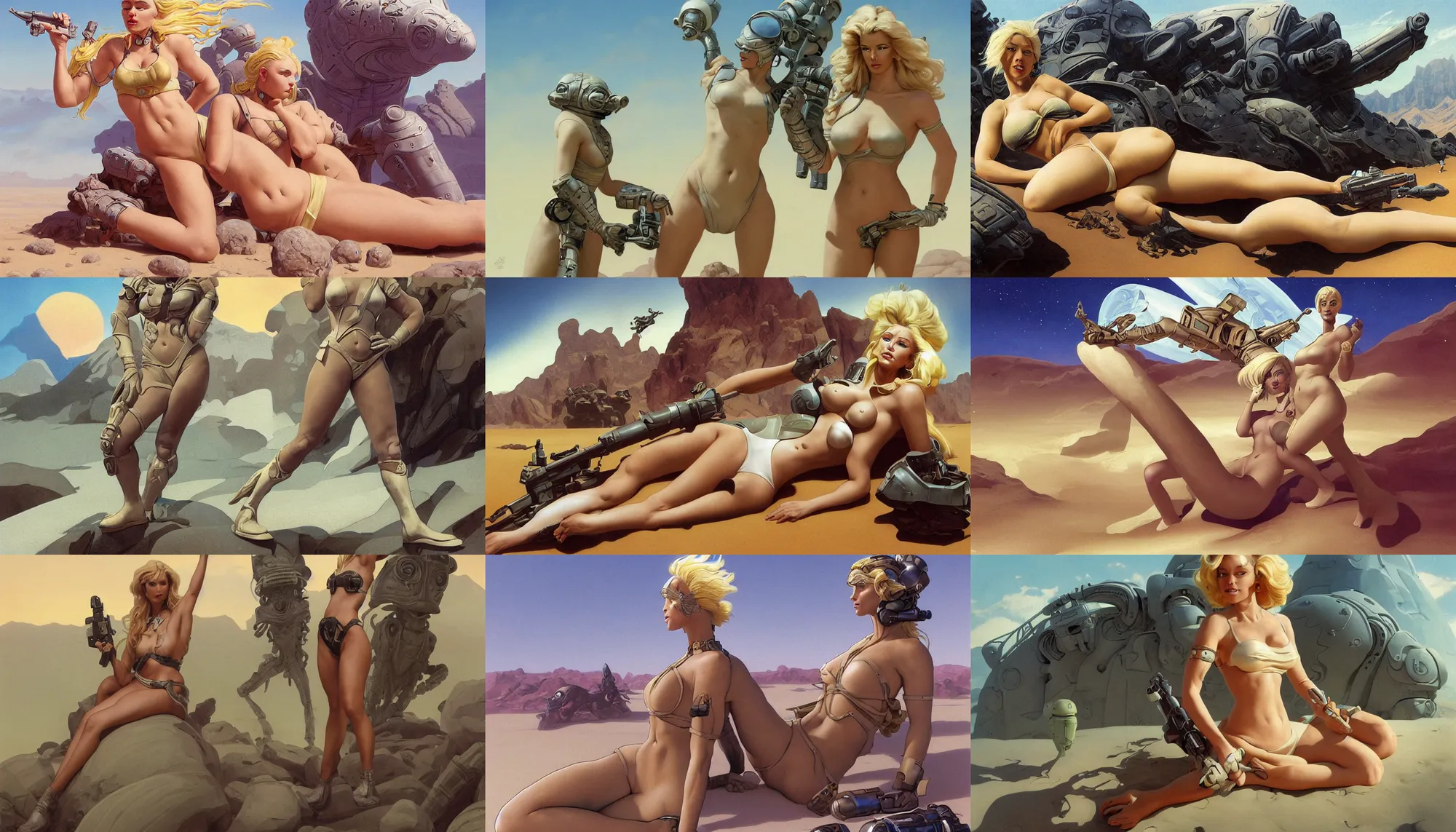 Prompt: A mixed media portrait painting of a beautiful blonde woman relaxing on a desert alien planet, soldier, very curvy, aesthetic! white high-waisted bikini-armor and boots, aesthetic symmetrical face and eyes, Scandinavian, by Boris Vallejo, Beeple, Frank Frazetta, Greg Rutkowski, Christian MacNevin, Alphonse Mucha, epic fantasy character art, high fantasy, CGsociety, 60's Sci-fi Pinup style, exquisite detail, post-processing, masterpiece, cinematic