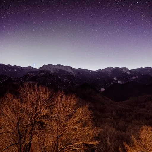 Prompt: view of the night sky above mountains, very large moon covering most of the sky, dark, purple hues