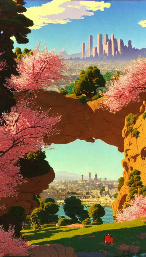 Prompt: ghibli illustrated background of strikingly beautiful west hollywood, california, with strange rock formations acastle is seen in the distance, and red water and cherry blossoms by vasily polenov, eugene von guerard, ivan shishkin, albert edelfelt, john singer sargent, albert bierstadt 4 k