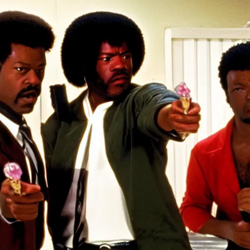 Prompt: jules winnfield pointing a banana as a weapon, pulp fiction, 8 k