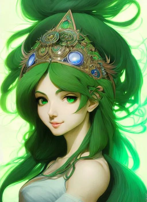 Prompt: portrait, head and body only, palutena, green hair, concept art, digital illustration, by rossdraws, frank franzzeta, intricate, masterpiece, elegant, hyper detailed, artstation, unreal engine rendered, concept art, smooth, sharp focus, illustration, art by artgerm and greg rutkowski and alphonse mucha and garis edelweiss