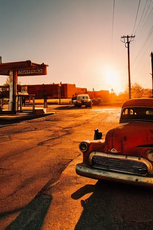 Image similar to a sunset light landscape with historical route 6 6, lots of sparkling details and sun ray ’ s, blinding backlight, smoke, volumetric lighting, colorful, octane, 3 5 mm, abandoned gas station, old rusty pickup - truck, beautiful epic colored reflections, very colorful heavenly, softlight