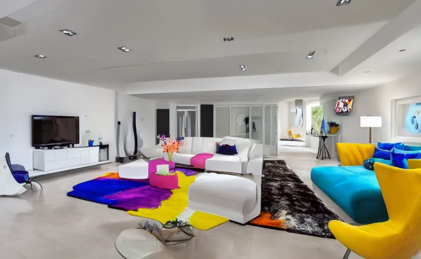 Image similar to Interior shot of a white boujee mansion with modern colorful furniture, very coherent,painted by DotPigeon airbrush