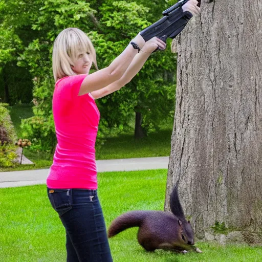 Image similar to a well endowed suburban mom shooting a handgun at giant squirrels in her front yard, high quality, photo,