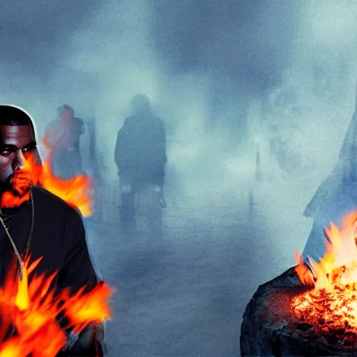 Prompt: A photo of Kanye West setting fire to a house, 8K concept art, blue hour, perfect faces, vivid, dark, menacing