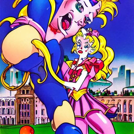 Prompt: giant clown attacking a city in sailor moon