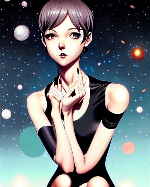 Image similar to portrait of an attractive young woman with amazing short hair wearing a short tight black dress think about the galaxy, art by Range Murata and Artgerm.