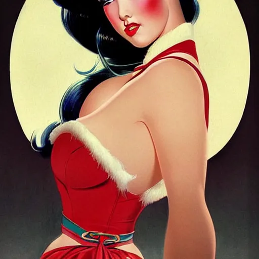 Image similar to pin - up portrait of a beautiful young curvaceous mulan, pretty long hair, symmetrical face, digital art, smooth, extremely detailed,, by wu bayard, by gil elvgren, by ralph horsley, by hanks steve