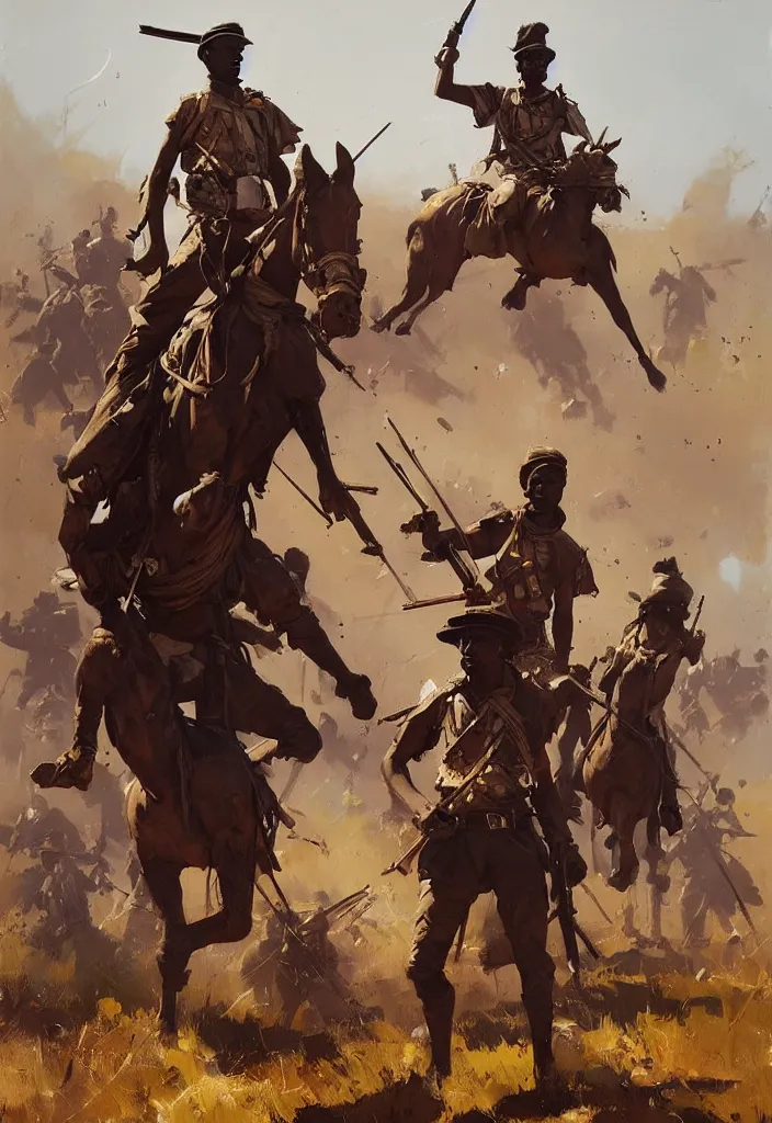 Prompt: ismail inceoglu painting of the zulu war, painting, art concept for a book cover, trending on artstation, by greg manchess and by craig mullins and by kilian eng and by jake parker