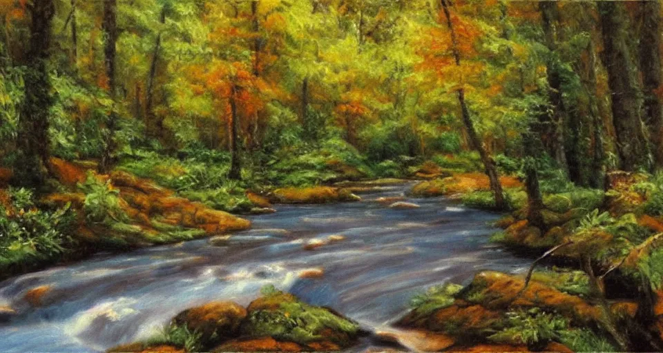 Prompt: a breathtaking painting of a stream in a forest by Bob ross