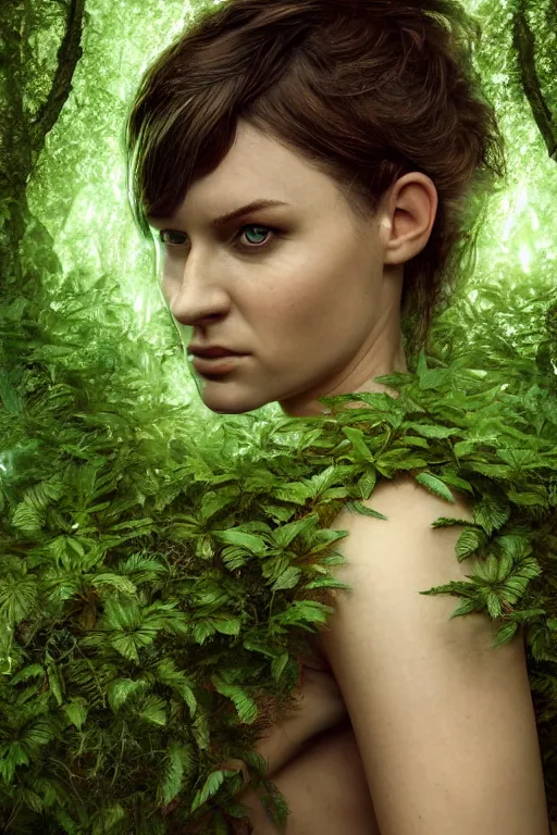 Prompt: hyperrealism portrait, digital art, wallpaper of a cyborg dryad with cyborg plants in a forest, diffused lighting, by laura zalenga, 8 k dop dof hdr, vibrant