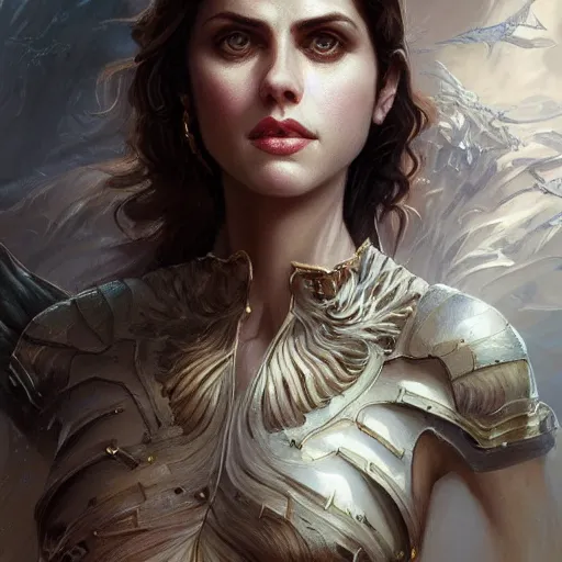 Image similar to full body portrait of Alexandra Daddario, D&D, fantasy, intricate, elegant, highly detailed, digital painting, artstation, concept art, smooth, sharp focus, illustration, art by artgerm and greg rutkowski and peter mohrbacher