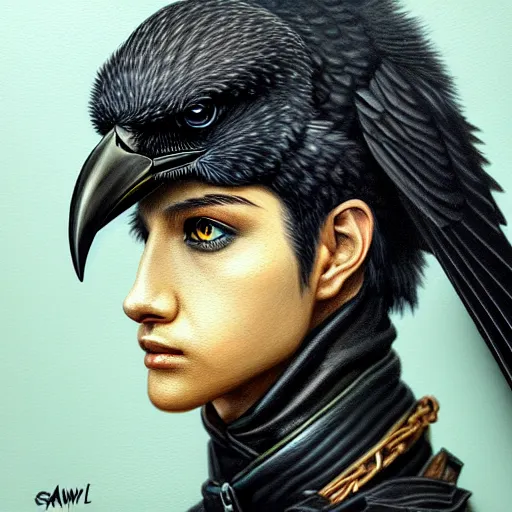 Image similar to portrait painting of a crow biker, sharp focus, award - winning, trending on artstation, masterpiece, highly detailed, intricate, anime, cartoon. art by merwild and ernesto irawan and rachel denton