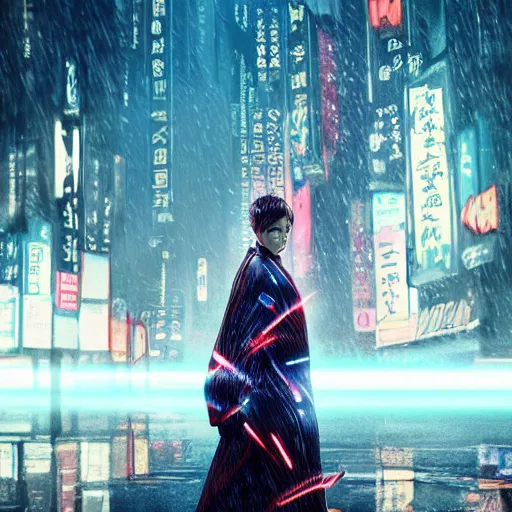 Image similar to Ross Tran style , blade runner robot, sci-fi, 4K symmetrical portrait, flowing long dress, kimono, billowing fabric, glowing floral headdress, parasol, walking on water, swirling koi fish, city lights, octane render, cgsociety.