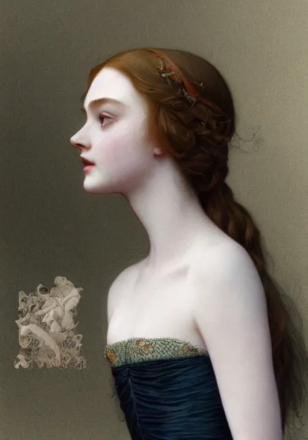 Image similar to sansa elle fanning, intricate, elegant, highly detailed, digital painting, artstation, concept art, smooth, sharp focus, illustration, art by artgerm and greg rutkowski and alphonse mucha and william - adolphe bouguereau