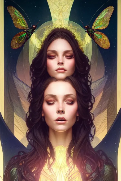 Image similar to symmetry portrait of brunette princess, glam, fae, fireflies, forest background, intricate, elegant, highly detailed, digital painting, artstation, concept art, smooth, sharp focus, illustration, art by artgerm and greg rutkowski and fra angelico and alphons mucha