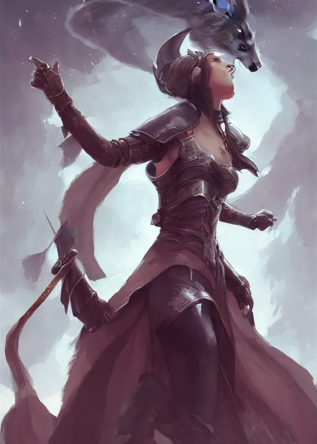 Image similar to a noble knight women raise her hand to summon her raccoon spirit above her, by artgerm, charlie bowater, inspired by dragon age inquisition featured on artstation