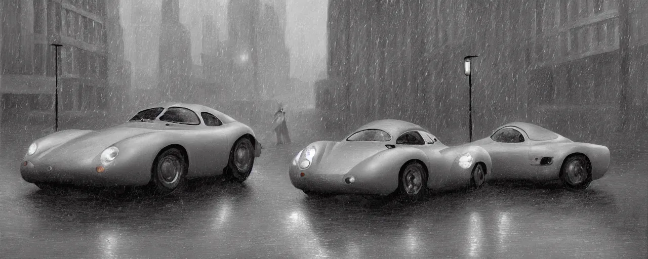 Image similar to Mysterious figure swings a heavy sledgehammer at a silver Porsche 550 with its headlights on, parked on the side of the road in the city of Cologne in the rain, by George Tooker, moody, ominous, lighting, hyper-realistic.