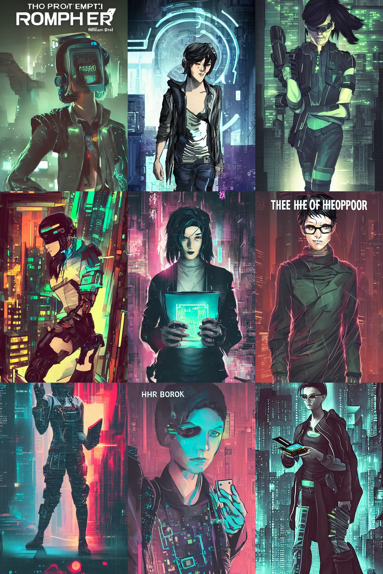 Prompt: prompt hero book cover with a cyberpunk androgynous character. prompt hero written on a book by William Gibson