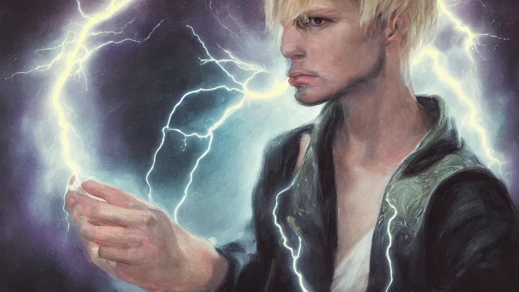 Image similar to portrait of a mage, genderless, lightning, realistic