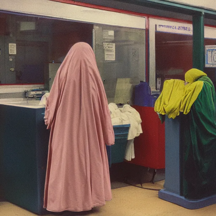 Prompt: a woman wearing a hood made of wire and plastic, in a laundry mat, color photograph, by edward hopper, canon eos c 3 0 0, ƒ 1. 8, 3 5 mm, 8 k, medium - format print