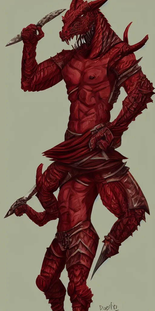 Image similar to red scaled male dragonborn, rogue outfit, muscular, wielding two daggers, fantasy, highly detailed, sharp, digital painting, cell shading