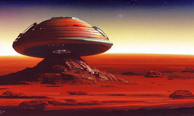 Image similar to digital painting of a spaceship in the orbit of mars by john berkey