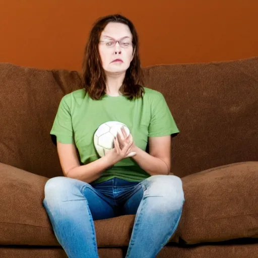 Prompt: a sad woman with brown hair in a green t - shirt wearing blue denim shorts sitting on a brown sofa. she has given up on her fantasy football team