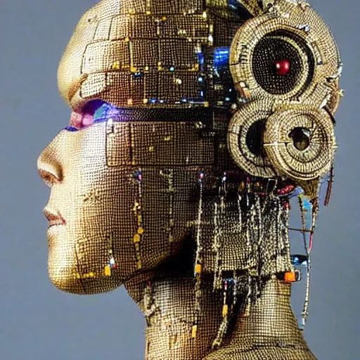 Prompt: close - up side view portrait of cyborg ( ( ( ( ( ( ( geisha ) ) ) ) ) ) ), robotic, machina, super intricate ornaments artwork.