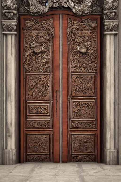 Prompt: a huge wooden door made by two slabs with live edge with rush plant ornaments in bright metalllic element, ornate, fantasy, photorealistic, octane render, volumetric light, high definition, ultra detailed, artstation, deviantart, cgsociety