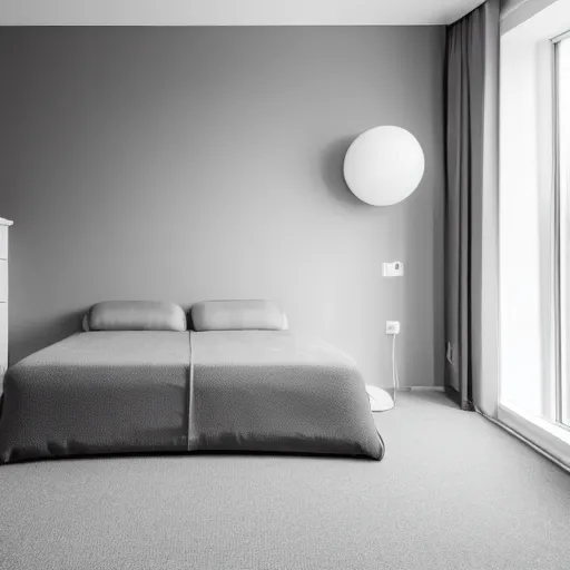 Image similar to empty bedroom, grey carpet on the floor, blank white walls, soft ceiling light, single window on the right side, XF IQ4, 150MP, 50mm, F1.4, ISO 200, 1/160s, natural light