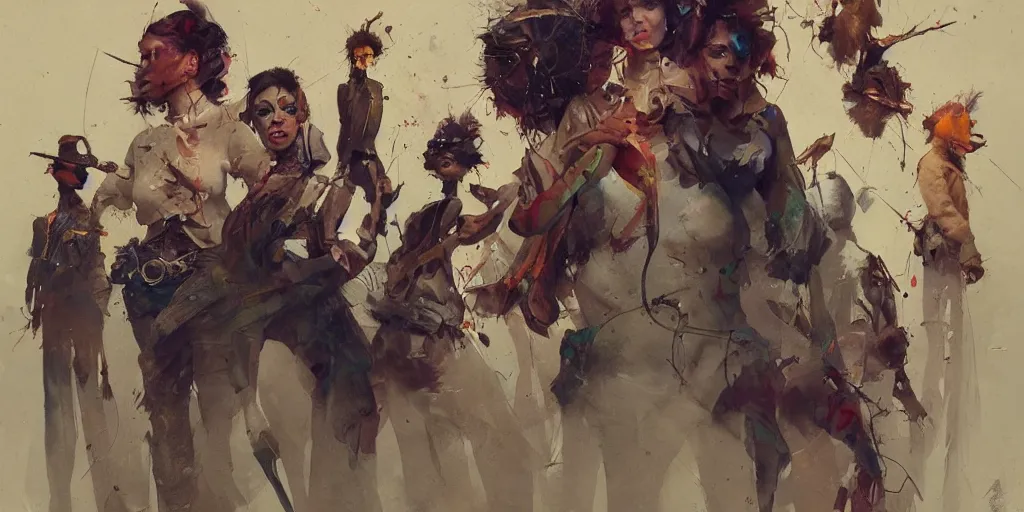 Image similar to beautiful painting of a gang, by Sergey Kolesov, Stanley Artgermm, Tom Bagshaw, Greg Rutkowski, Carne Griffiths, trending on Artstation, 8k, masterpiece, graffiti paint, dishonored, fine detail, full of color, intricate detail