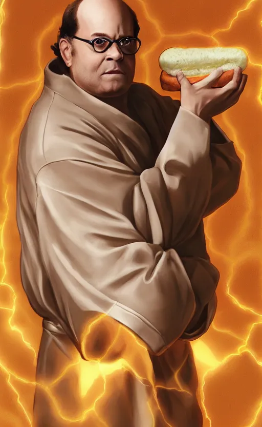 Image similar to george costanza holding a hoagie. he's wearing a flowing bathrobe made of light, airy fabric and he has a mischievous look on his face, dynamic lighting, photorealistic fantasy concept art, trending on art station, stunning visuals, creative, cinematic, ultra detailed