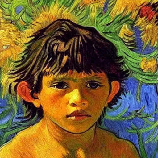 Prompt: painting of Mowgli by Vincent Van Gogh. Realistic, hyperdetailed