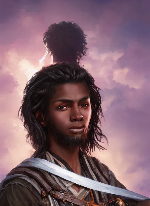 Image similar to An epic fantasy comic book style portrait painting of a young dark skinned long haired boy in plain peasant clothes with intelligent eyes in the style of the wheel of time, unreal 5, DAZ, hyperrealistic, octane render, cosplay, RPG portrait, dynamic lighting