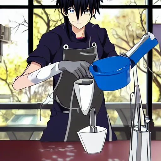 Prompt: a tall anime boy with black hair, blue eyes and piercings working at a café smiling in anime style with sunlight shinig through the windows as he's cleaning dishes, very detailed