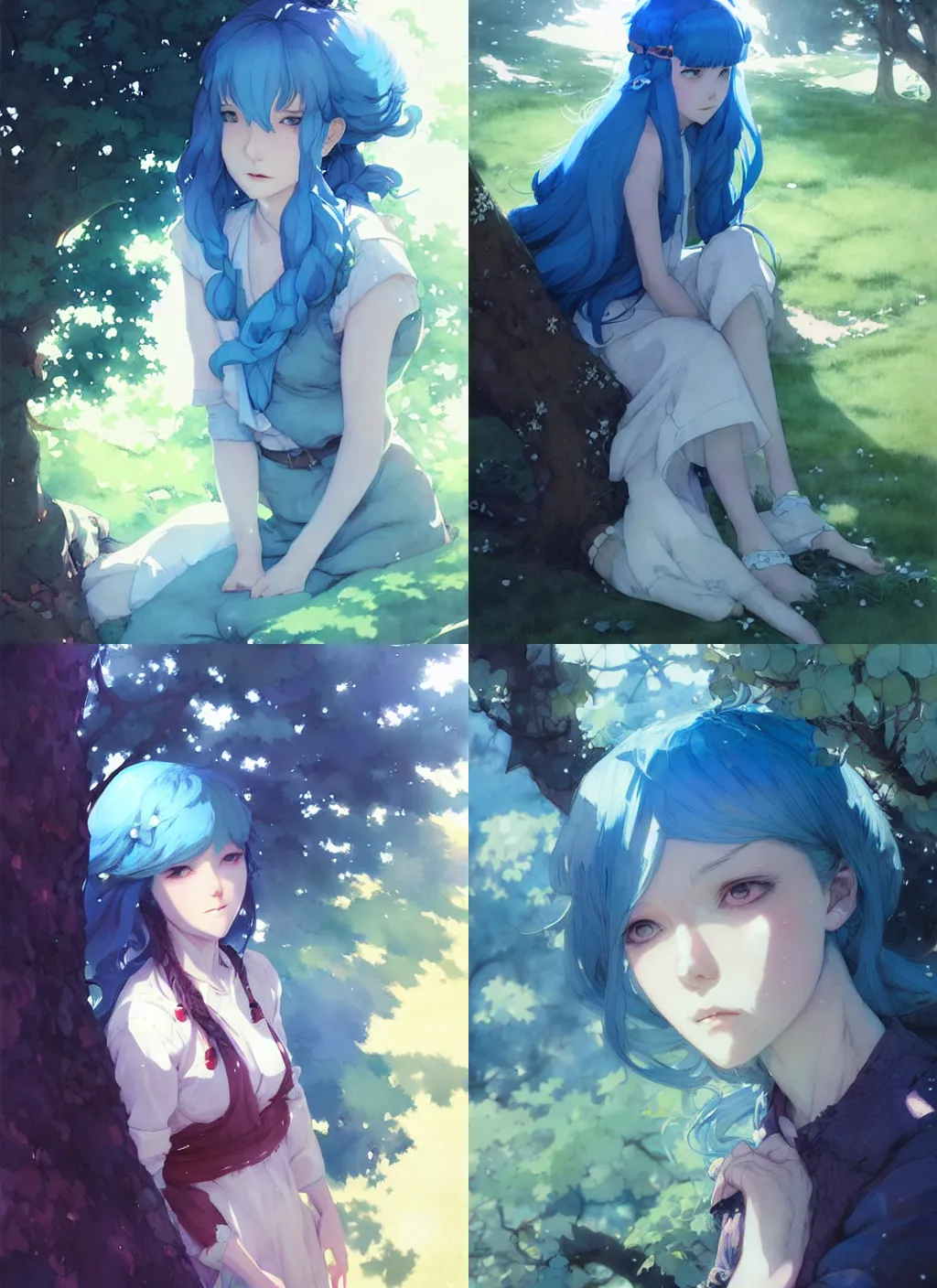 Image similar to portrait of a girl with blue hair rest under the tree, illustration, top lighting, perfect shadow, leaning towards watercolor, art by hidari and krenz cushart and wenjun lin