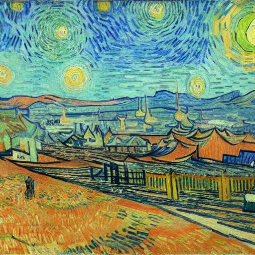 Image similar to a painting of a martian colony by vincent van gogh, featured on pixiv, futurism, sci - fi, post - impressionism, impressionism, painterly, detailed painting