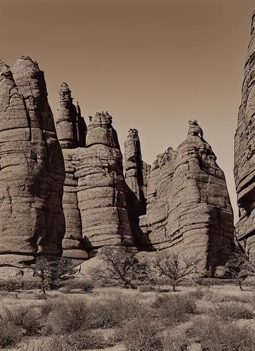 Image similar to Line wrawing by John Wesley Powell of towering rock formations carved by the wind, surrounded by sparse vegetation, sepia toned, Smithsonian American Art Museum.