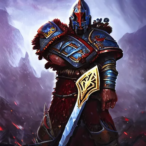 Image similar to Ares the god of war with heavy armor and sword, heavy knight helmet, dark sword in Ares's hand, war theme, bloodbath battlefield background, fiery battle coloring, hearthstone art style, epic fantasy style art, fantasy epic digital art, epic fantasy card game art