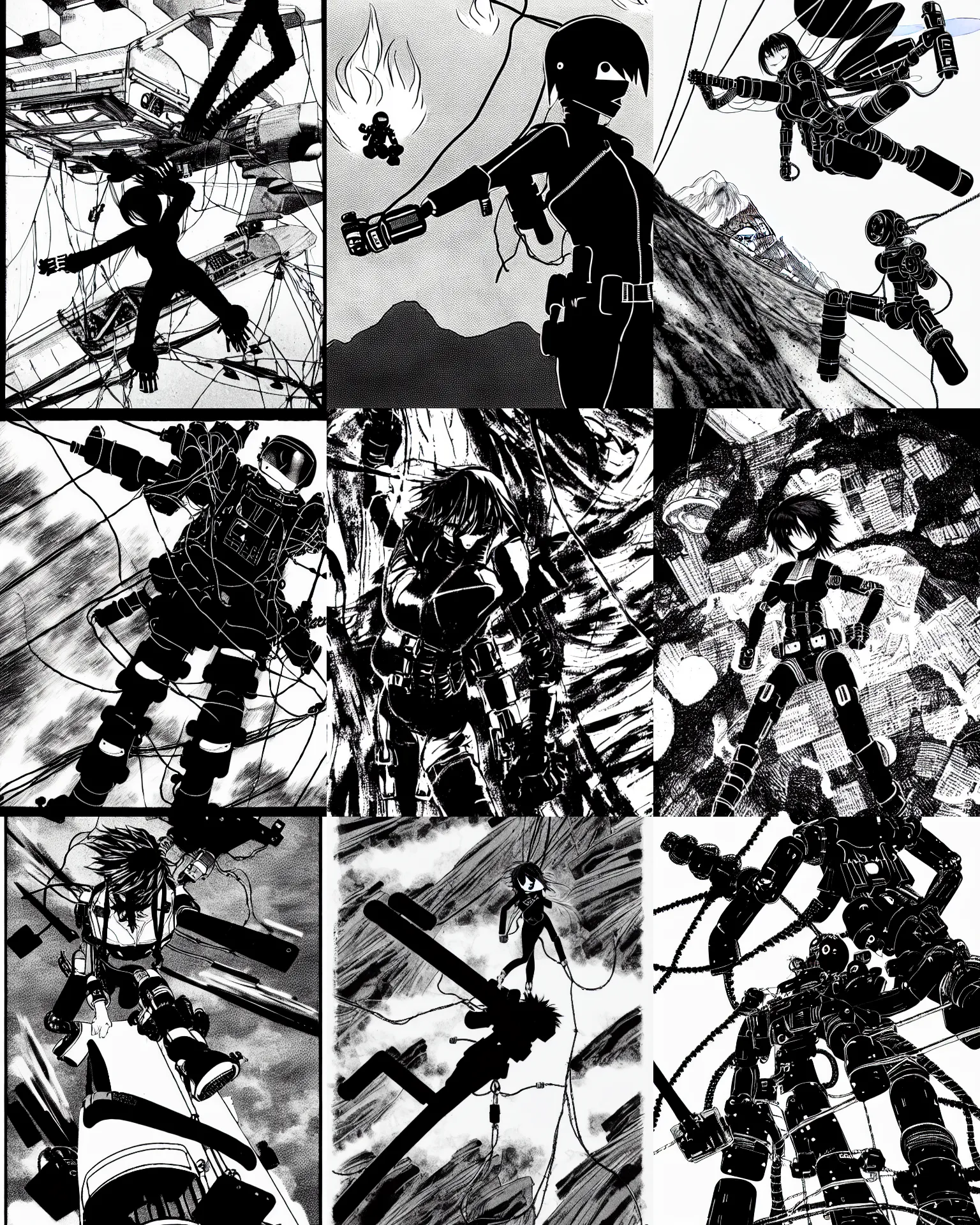 Prompt: black widow red hair flies with a parachute from everest and fires pistols at robots with techno details, by tsutomu nihei, black and white, wires clouds background