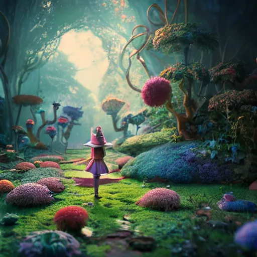 Prompt: alice in wonderland, 3 d, mistic atmosphere, beautifull,, octane render, intricate, hyper detailed, morning light, well rendered